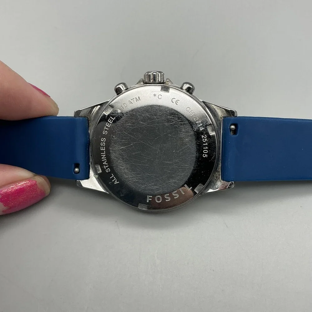 Fossil Maddox CH-2474 Mens Watch 38mm Blue Silicone Chronograph Stainless
